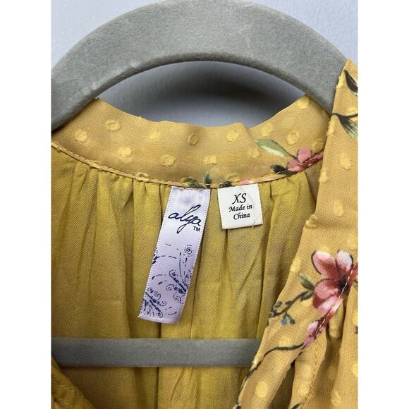 Francesca’s Alya Blouse Tank Top Womens XS Gold Floral Swiss Dot Boho Ruffle - Picture 4 of 9